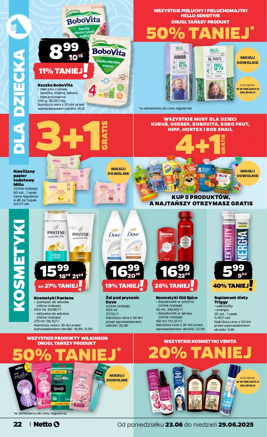 Gazetka promocyjna Netto - Od Poniedziałku - ważna 23.06 do 29.06.2025 - strona 22 - produkty: BoboVita, Dezodorant, Dove, Dzieci, Gerber, Gra, HiPP, Hortex, Kubuś, Majtki, Mus, Nawilżany papier, Odżywka, Old Spice, Pantene, Papier, Papier toaletowy, Pieluchomajtki, Pieluchy, Ryż, Suplement diety, Szampon