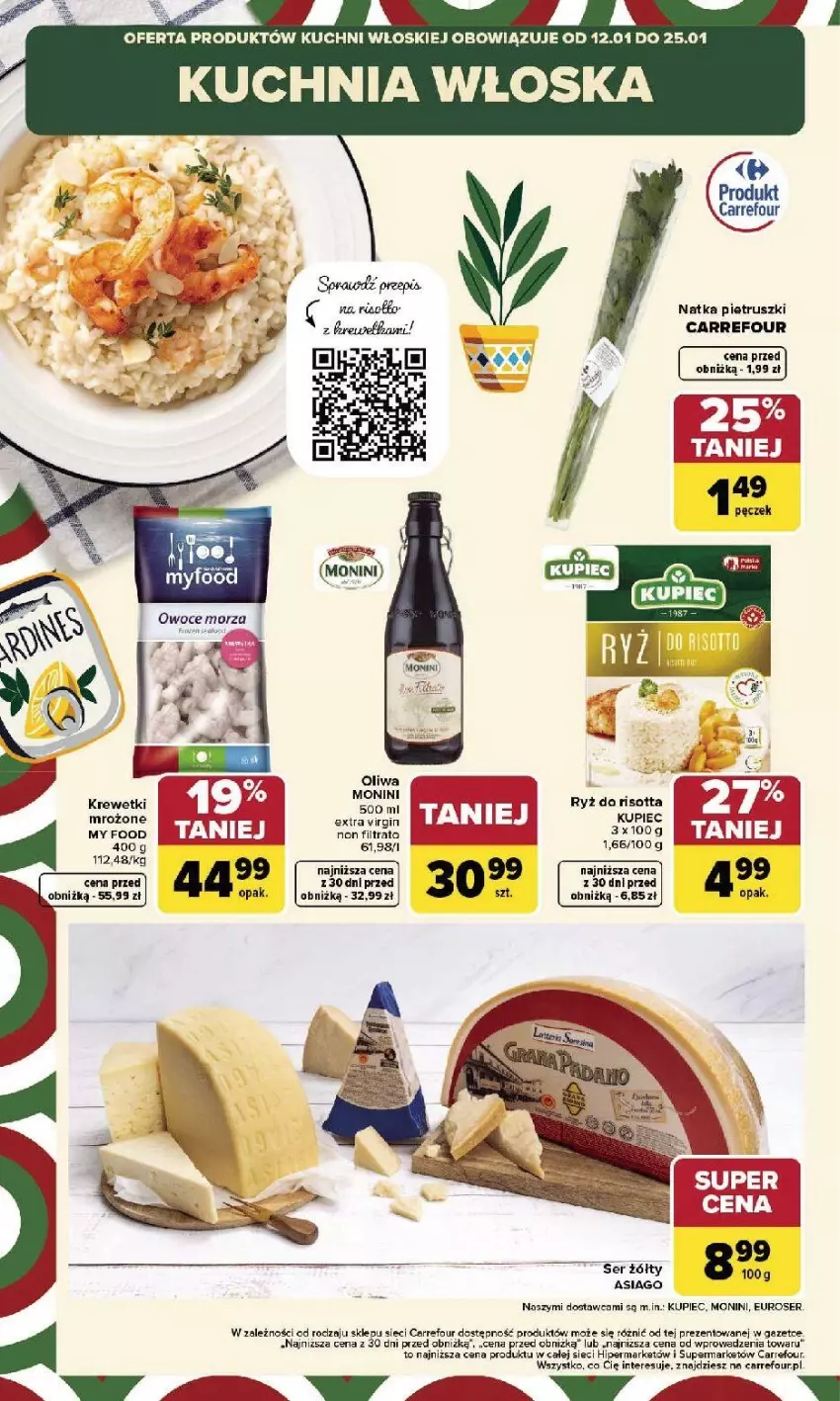 Gazetka promocyjna Carrefour - Gazetka Kuchnia włoska - ważna 12.01 do 25.01.2026 - strona 10 - produkty: Fa, Gin, Krewetki, Kuchnia, Kupiec, Monini, Natka pietruszki, O nas, Oliwa, Owoce, Piec, Ryż, Ser