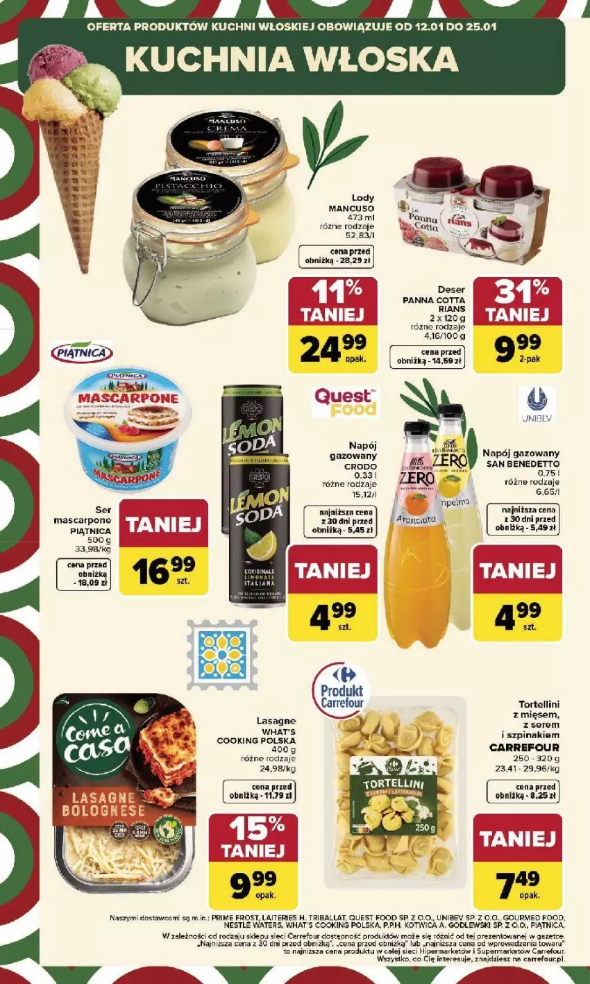 Gazetka promocyjna Carrefour - Gazetka Kuchnia włoska - ważna 12.01 do 25.01.2026 - strona 12 - produkty: Deser, Fa, Kuchnia, Lody, Mascarpone, Miska, Napój, Napój gazowany, Panna cotta, Piątnica, Ser, Szpinak