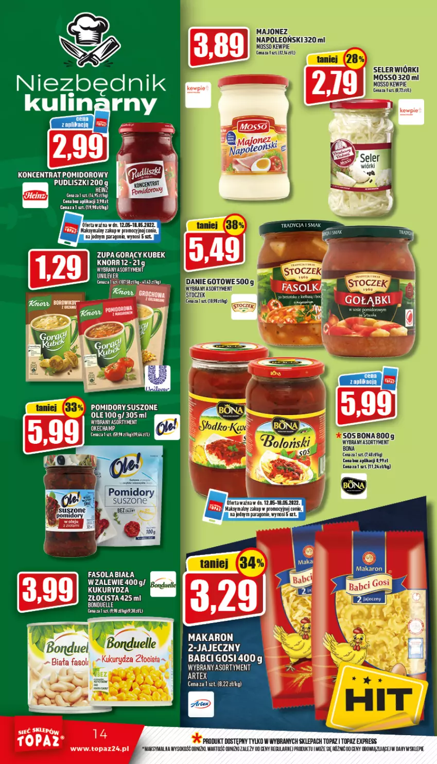 Gazetka promocyjna Topaz - Gazetka - ważna 12.05 do 18.05.2022 - strona 14 - produkty: Bonduelle, Fa, Fasola, Heinz, Knorr, Koncentrat pomidorowy, Kubek, Kukurydza, LG, Pomidory, Sok, Top, Zupa