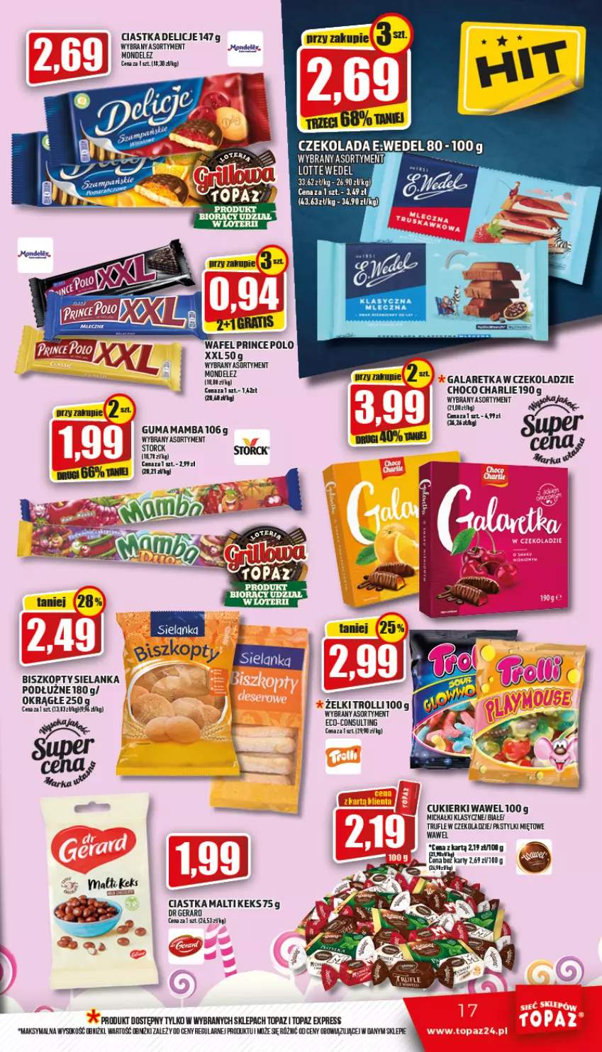 Gazetka promocyjna Topaz - Gazetka - ważna 12.05 do 18.05.2022 - strona 17 - produkty: Biszkopty, Ciastka, Cukier, Cukierki, Delicje, Dr Gerard, Gala, Galaretka, Mamba, Michałki, Pastylki, Sok, Top, Wawel