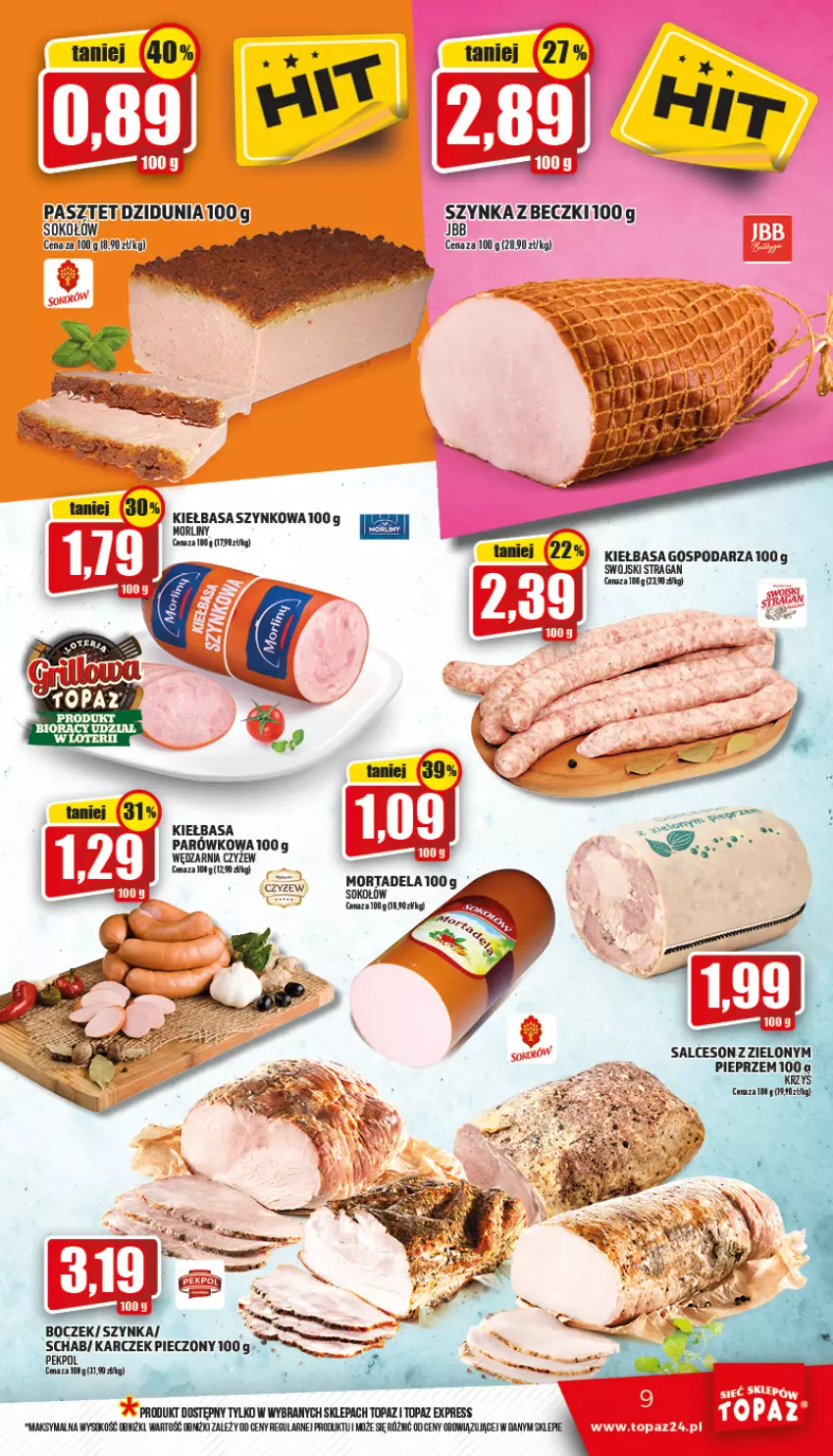 Gazetka promocyjna Topaz - Gazetka - ważna 12.05 do 18.05.2022 - strona 9 - produkty: Boczek, Kiełbasa, Kiełbasa szynkowa, Piec, Szynka