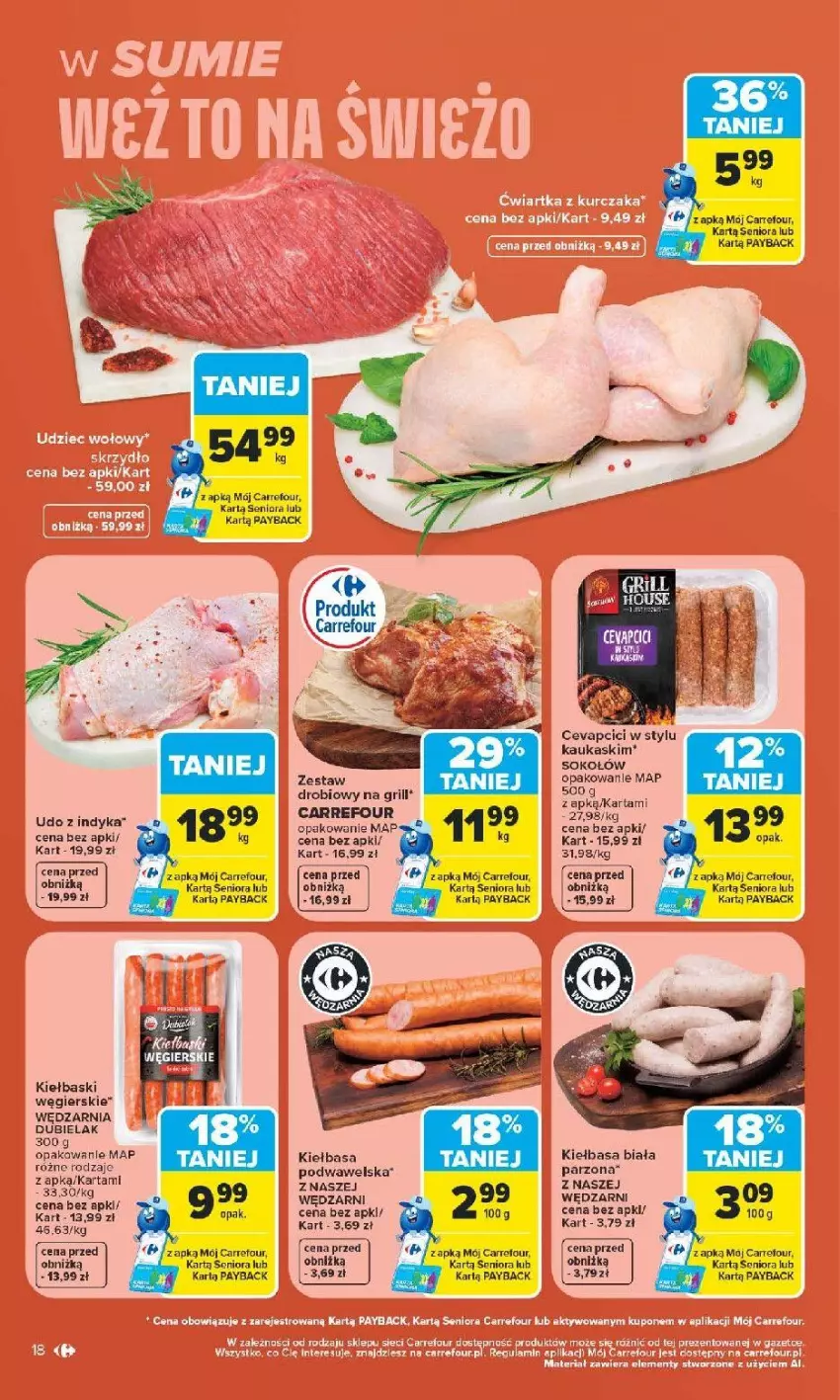 Gazetka promocyjna Carrefour - Gazetka od poniedziałku. Carrefour, Market w SUMIE najlepszy - ważna 08.06 do 13.06.2026 - strona 20 - produkty: Fa, Grill, Kask, Kiełbasa, Kiełbasa biała, Kiełbasa podwawelska, Sok, Sokołów, Wawel