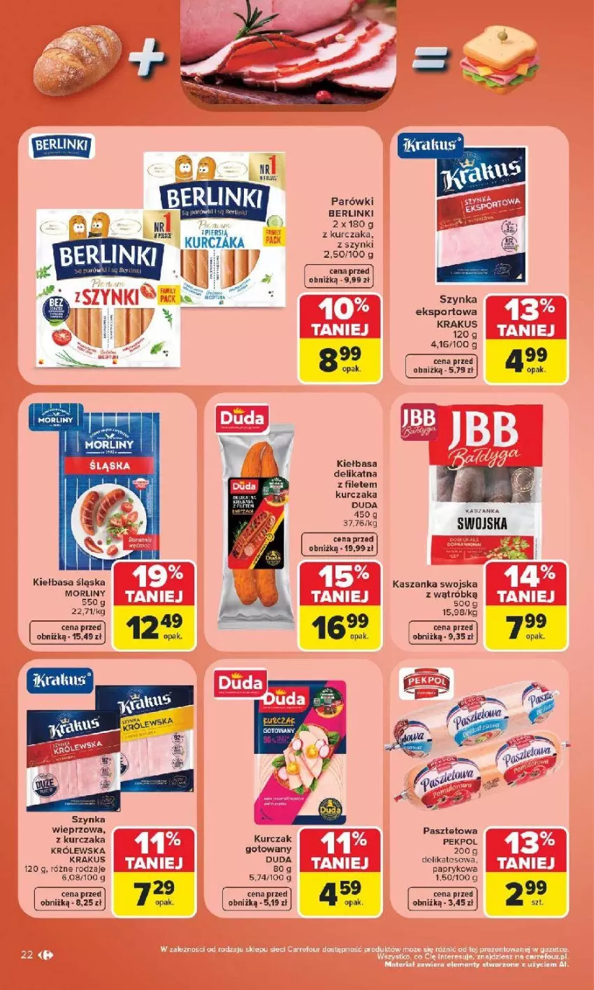 Gazetka promocyjna Carrefour - Gazetka od poniedziałku. Carrefour, Market w SUMIE najlepszy - ważna 08.06 do 13.06.2026 - strona 24 - produkty: Duda, Kasza, Kaszanka, Kiełbasa, Kiełbasa śląska, Krakus, Kurczak, Morliny, Parówki, Pasztet, Pekpol, Por, Sport, Szynka
