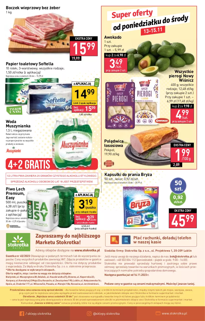 Gazetka promocyjna Stokrotka - Market - ważna 09.11 do 15.11.2023 - strona 17 - produkty: Boczek, Boczek wieprzowy, Bryza, Gra, JBL, Kapsułki do prania, Karp, Kosz, Lech Premium, Mięso, Mus, Muszynianka, O nas, Owoce, Papier, Papier toaletowy, Pekpol, Pierogi, Piwa, Piwo, Polędwica, Por, Ser, Sos, Szal, Telefon, Wagi, Warzywa, Wilson, Woda