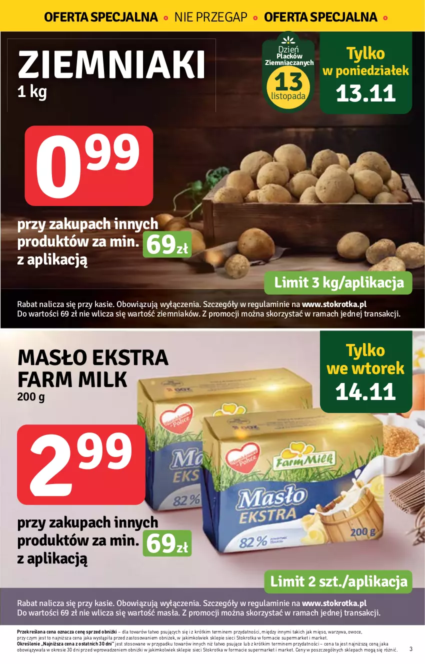 Gazetka promocyjna Stokrotka - Market - ważna 09.11 do 15.11.2023 - strona 3 - produkty: Fa, Farm Milk, Lack, Masło, Mięso, Owoce, Rama, Top, Tran, Warzywa, Ziemniaki