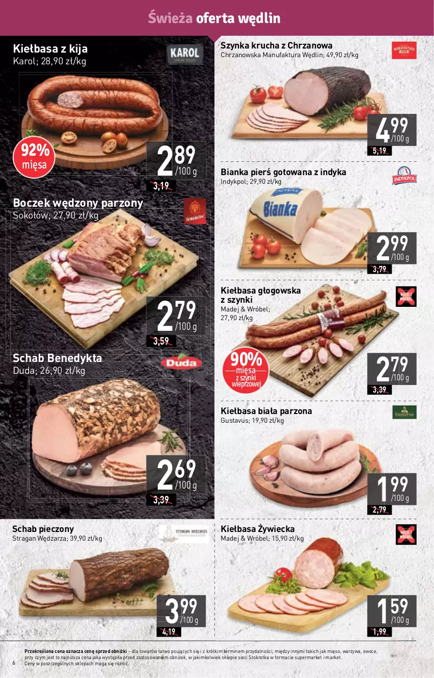 Gazetka promocyjna Stokrotka - Market - ważna 09.11 do 15.11.2023 - strona 6 - produkty: Bianka, Boczek, Chrzan, Duda, Fa, Kiełbasa, Kiełbasa biała, Kiełbasa głogowska, Mięso, Owoce, Piec, Schab Benedykta, Schab pieczony, Sok, Sokołów, Szynka, Warzywa