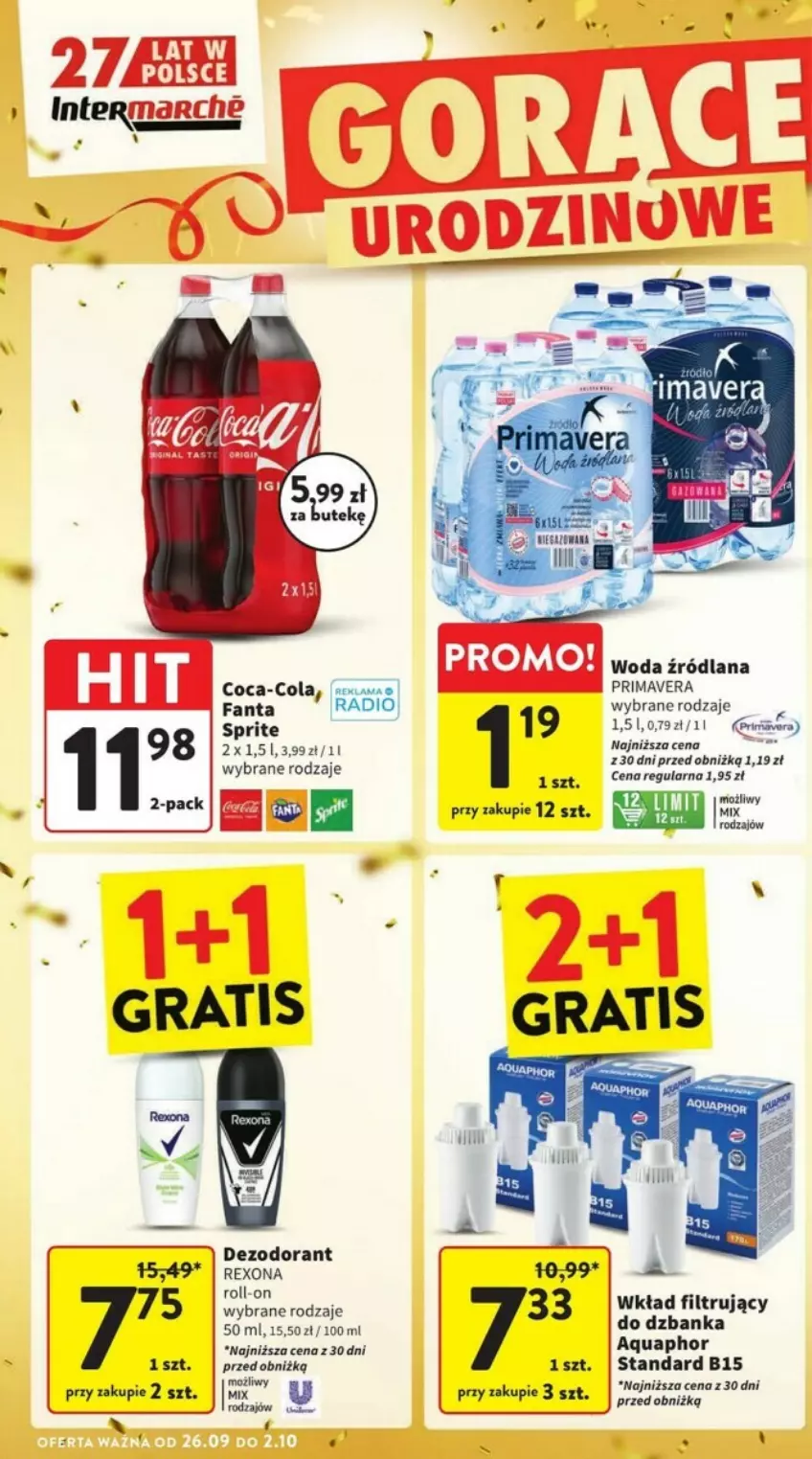 Gazetka promocyjna Intermarche - ważna 26.09 do 02.10.2024 - strona 6 - produkty: Aquaphor, Coca-Cola, Dezodorant, Fa, Fanta, LANA, Prima, Primavera, Rexona, Sprite, Wkład filtrujący, Woda