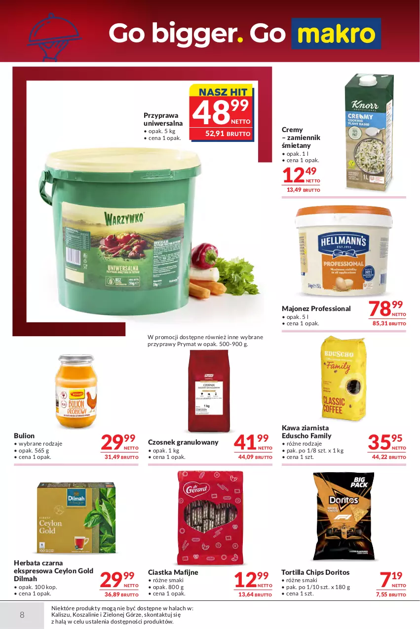 Gazetka promocyjna Makro - Oferta dla Gastronomii - ważna 27.10 do 09.11.2026 - strona 8 - produkty: Bulion, Ciastka, Czosnek, Czosnek granulowany, Dilmah, Fa, Gra, Herbata, Herbata czarna, Kawa, Kawa ziarnista, Kosz, Lion, Majonez, Prymat, Przyprawa uniwersalna, Przyprawy, Szal, Tortilla, Tortilla Chips