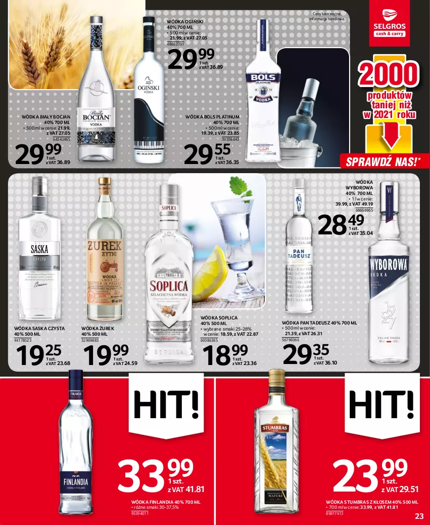 Gazetka promocyjna Selgros - Oferta spożywcza - ważna 11.08 do 24.08.2022 - strona 23 - produkty: Biały Bocian, Bols, Finlandia, Ogiński, Saska, Soplica, Wódka, Wyborowa