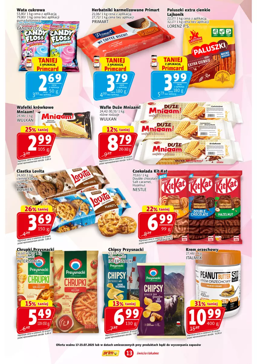 Gazetka promocyjna Prim Market - ważna 17.07 do 23.07.2025 - strona 13 - produkty: Chipsy, Chrupki, Ciastka, Czekolada, Fa, Herbatniki, Krem orzechowy, Lajkonik, Lorenz, Lovi, Prima, Przysnacki, Wafle, Wata cukrowa