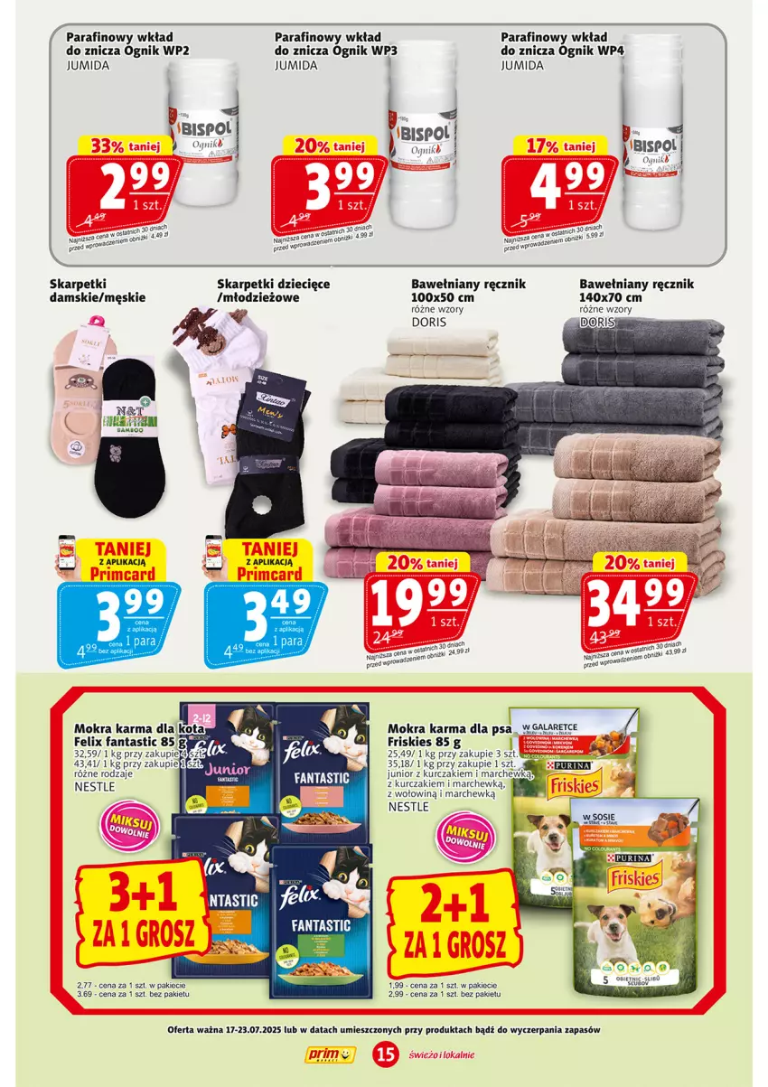 Gazetka promocyjna Prim Market - ważna 17.07 do 23.07.2025 - strona 15 - produkty: Dzieci, Friskies, Karp, Kurczak, Mokra karma, Ręcznik, Skarpetki, Sos, Znicz