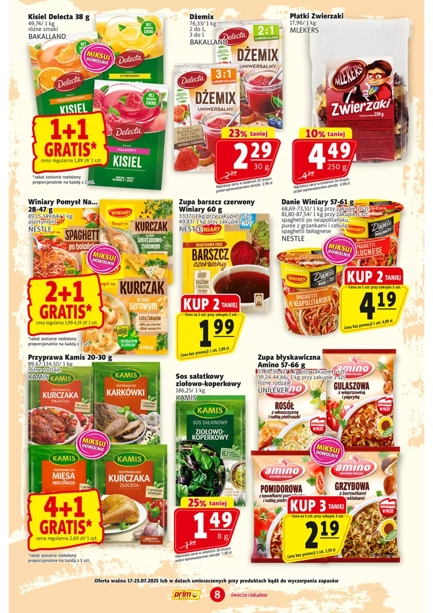 Gazetka promocyjna Prim Market - ważna 17.07 do 23.07.2025 - strona 8 - produkty: Bakalland, Delecta, Dżem, Kamis, Kisiel, Kurczak, Por, Pur, Sałat, Sos, Spaghetti, Winiary, Zupa