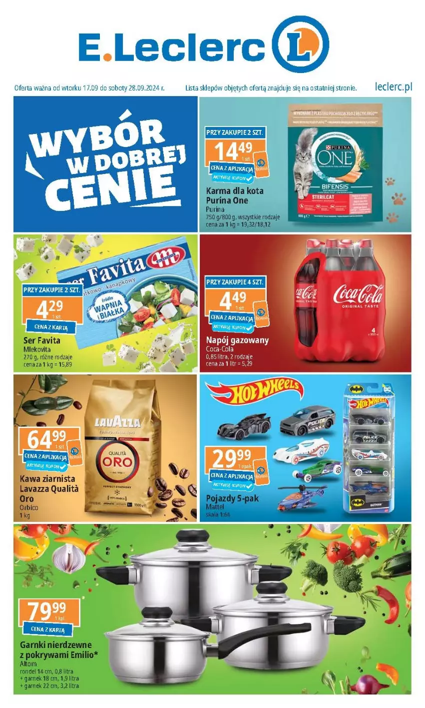 Gazetka promocyjna E Leclerc - ważna 17.09 do 28.09.2024 - strona 1 - produkty: Coca-Cola, Fa, Favita, Garnek, Mleko, Mlekovita, Napój, Napój gazowany, Pokrywa, Pur, Purina, Rondel, Ser