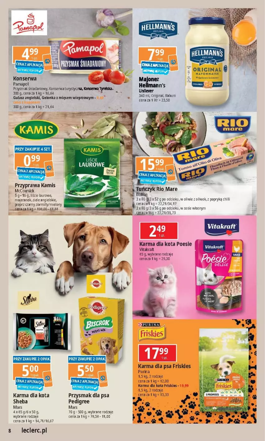 Gazetka promocyjna E Leclerc - ważna 17.09 do 28.09.2024 - strona 7 - produkty: Babuni, Danio, Friskies, Gin, Kamis, Konserwa turystyczna, Laur, Majonez, Mars, Pedigree, Pieprz, Przysmak dla psa, Pur, Purina, Rio Mare, Ser, Sheba, Sos, Tuńczyk, Vitakraft, Ziele angielskie