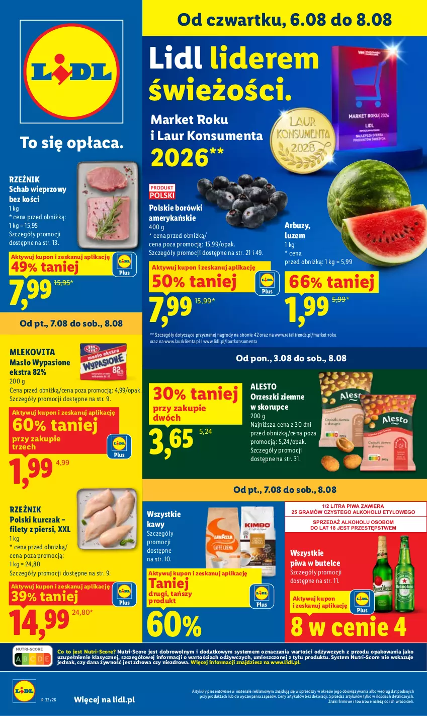Gazetka promocyjna Lidl - Gazetka ważna od 6.08 do 8.08 - ważna 06.08 do 08.08.2026 - strona 1 - produkty: Arbuz, Kurczak, Laur, Masło, Mleko, Mlekovita, Orzeszki, Orzeszki ziemne, Piwa, Schab wieprzowy