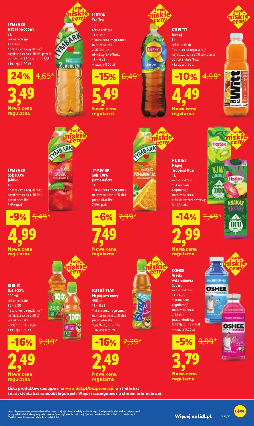Gazetka promocyjna Lidl - Gazetka ważna od 6.08 do 8.08 - ważna 06.08 do 08.08.2026 - strona 35 - produkty: Hortex, Ice tea, Kubuś, Lipton, Napój, Oshee, Sok, Tropical, Tymbark, Woda