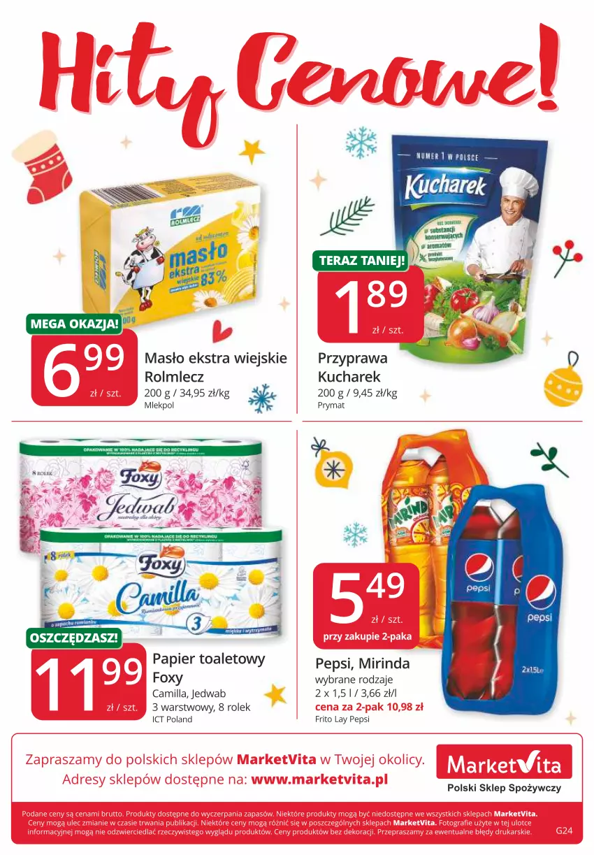 Gazetka promocyjna Market Vita - Gazetka promocyjna – Marketvita - ważna 08.12 do 31.12.2022 - strona 12 - produkty: Foxy, Kucharek, Masło, Mirinda, Papier, Papier toaletowy, Pepsi, Prymat, Rolmlecz