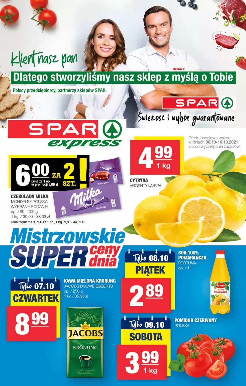 Gazetka promocyjna Spar - ważna 08.10 do 18.10.2021 - strona 1 - produkty: Czekolada, Fortuna, Jacobs, Milka, Sok