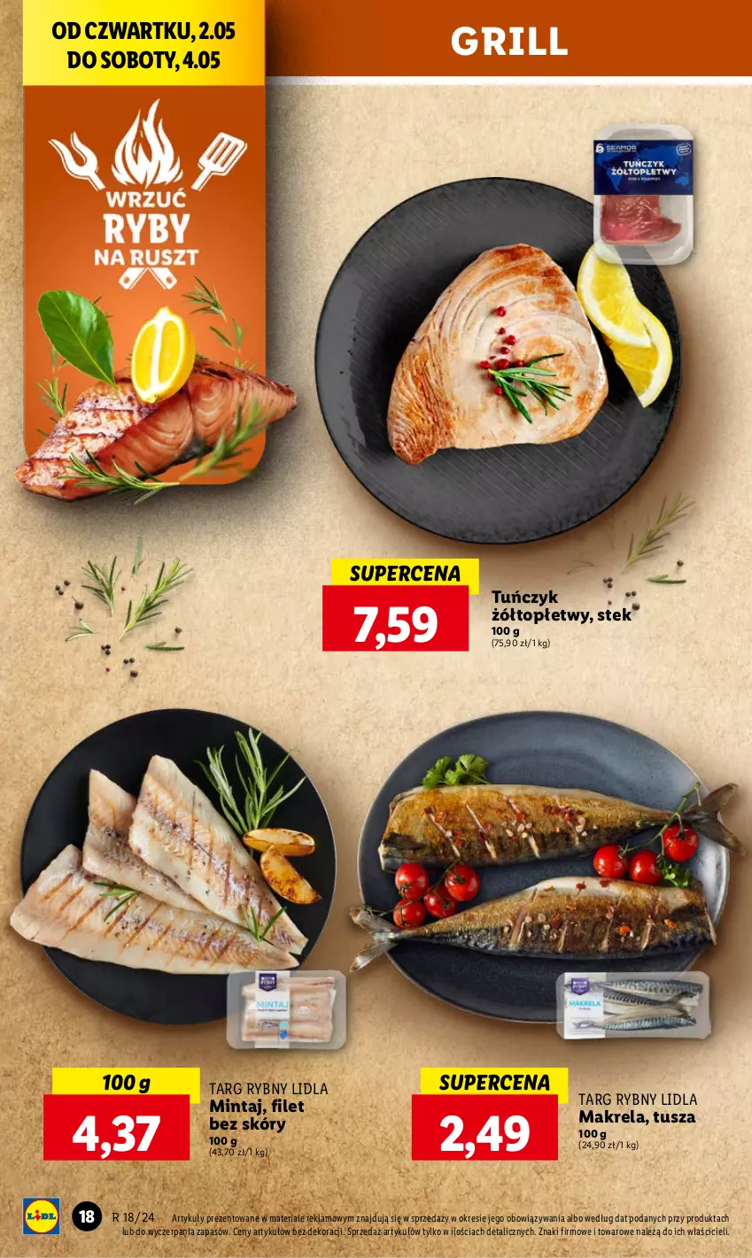 Gazetka promocyjna Lidl - GAZETKA - ważna 02.05 do 04.05.2024 - strona 26 - produkty: Grill, Mintaj, Stek, Top, Tuńczyk, Tusz