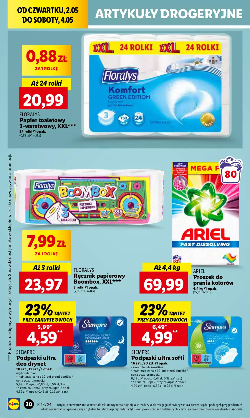 Gazetka promocyjna Lidl - GAZETKA - ważna 02.05 do 04.05.2024 - strona 44 - produkty: Ariel, Flora, Papier, Papier toaletowy, Podpaski, Proszek do prania, Ręcznik, Rolki