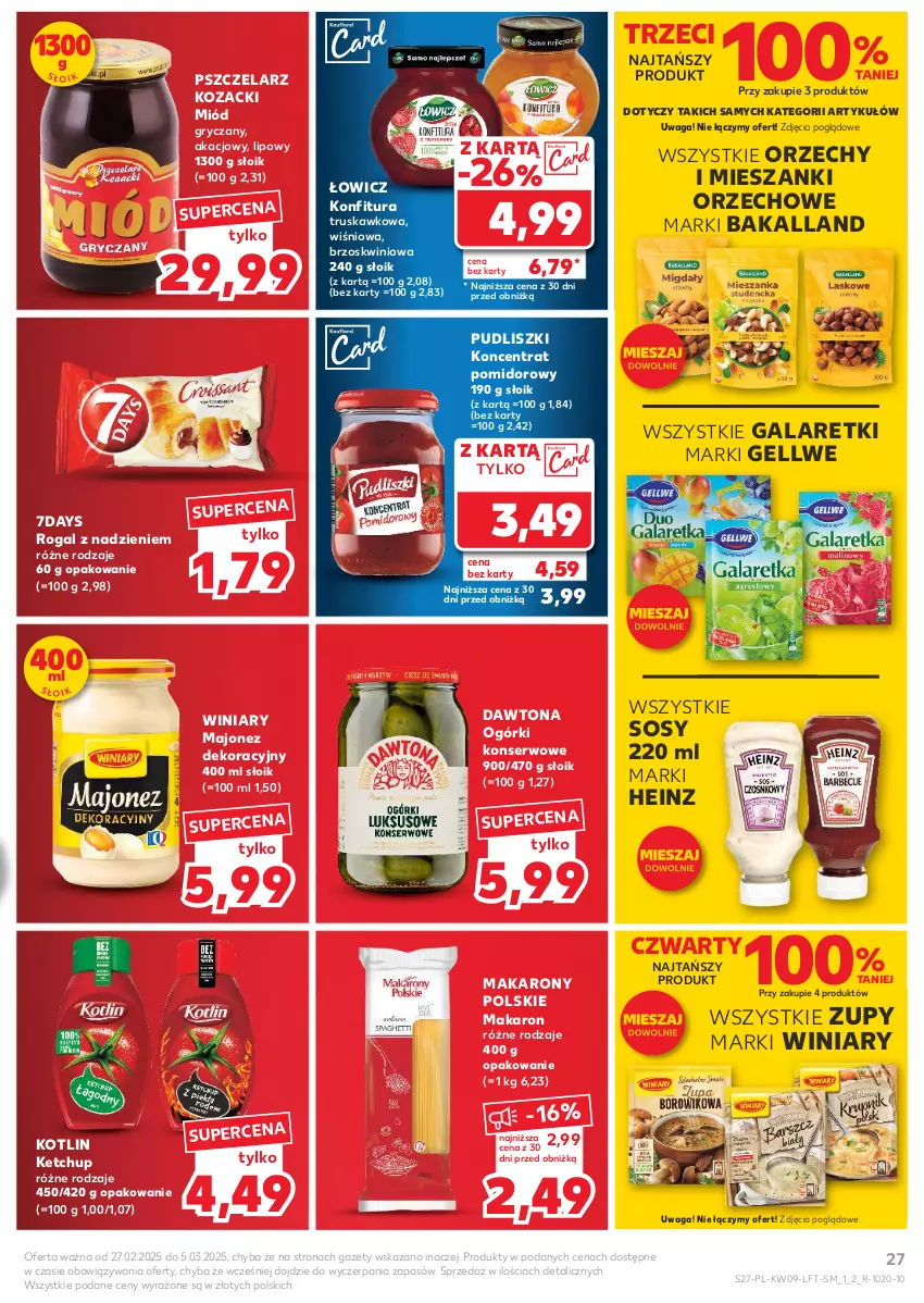 Gazetka promocyjna Kaufland - Gazetka tygodnia - ważna 27.02 do 05.03.2025 - strona 27 - produkty: Bakalland, Dawtona, Gala, Galaretki, Gry, Heinz, Ketchup, Koncentrat pomidorowy, Konfitura, Kotlin, Majonez, Makaron, Miód, Ogórki konserwowe, Pudliszki, Rogal, Ser, Sos, Waga, Winiary