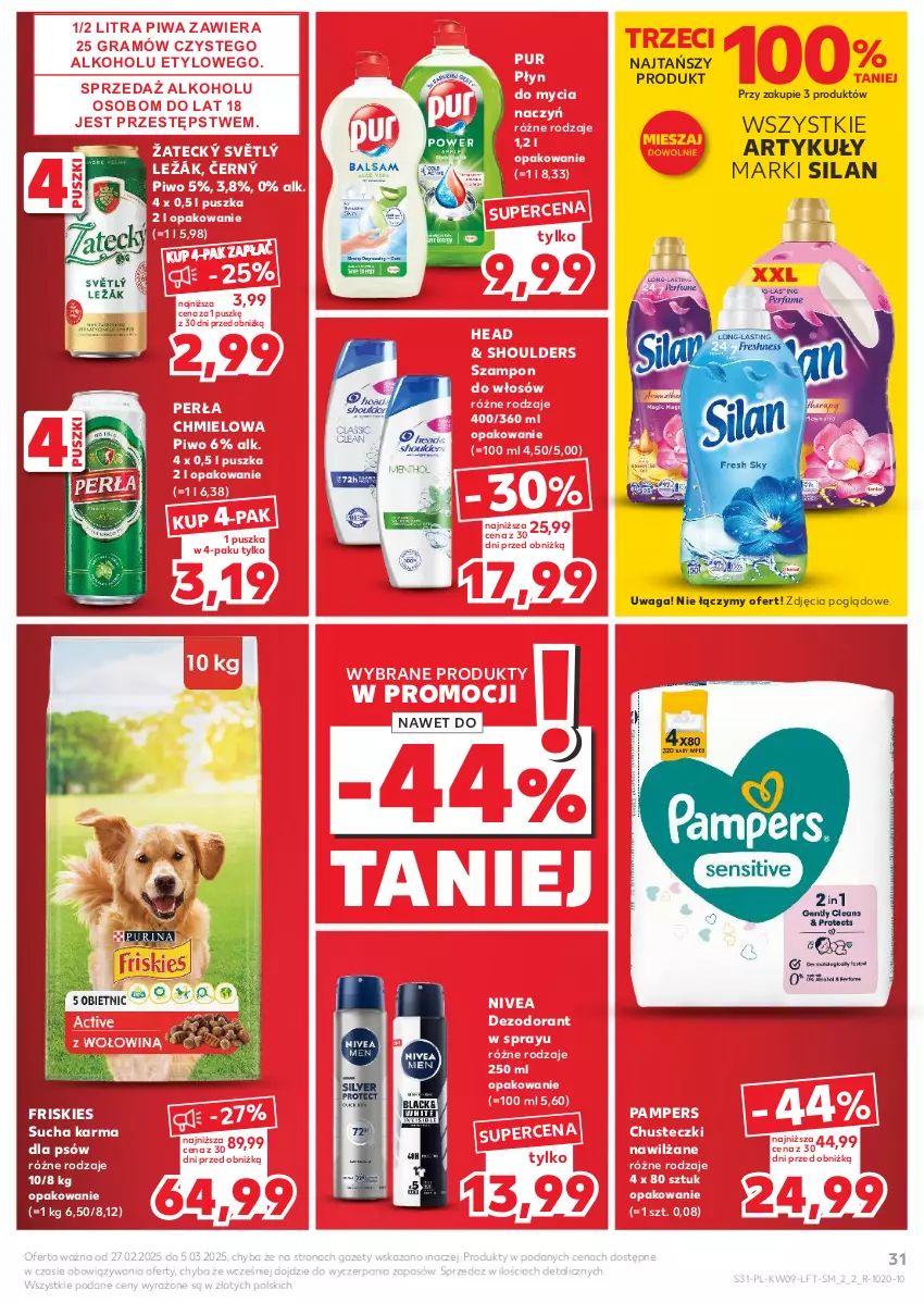 Gazetka promocyjna Kaufland - Gazetka tygodnia - ważna 27.02 do 05.03.2025 - strona 31 - produkty: Chusteczki, Dezodorant, Do mycia naczyń, Friskies, Gra, Nivea, Pampers, Perła, Piwa, Piwo, Płyn do mycia, Płyn do mycia naczyń, Pur, Silan, Sucha karma, Szampon, Waga