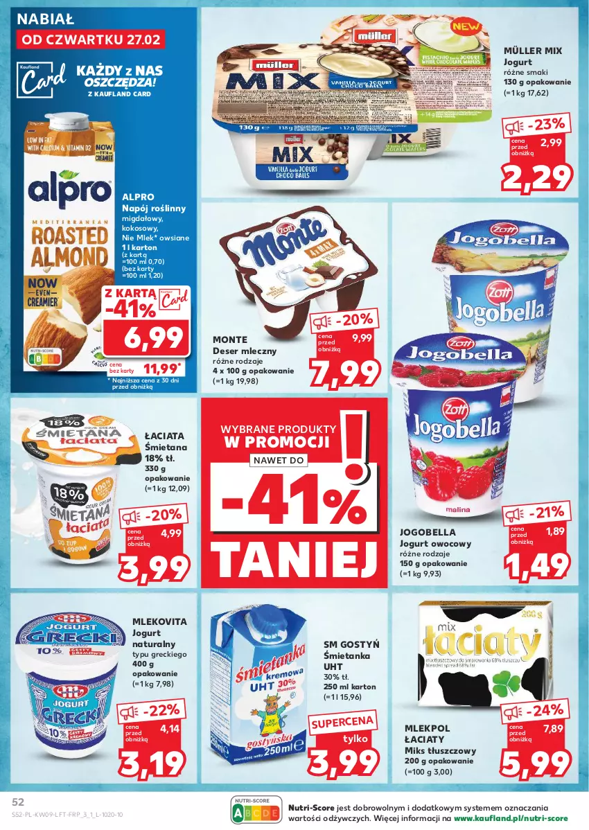 Gazetka promocyjna Kaufland - Gazetka tygodnia - ważna 27.02 do 05.03.2025 - strona 52 - produkty: Alpro, Bell, Bella, Deser, Deser mleczny, Jogobella, Jogurt, Jogurt naturalny, Jogurt owocowy, Kokos, Miks tłuszczowy, Mleko, Mlekovita, Monte, Müller, Müller Mix, Napój, Napój roślinny, Ser