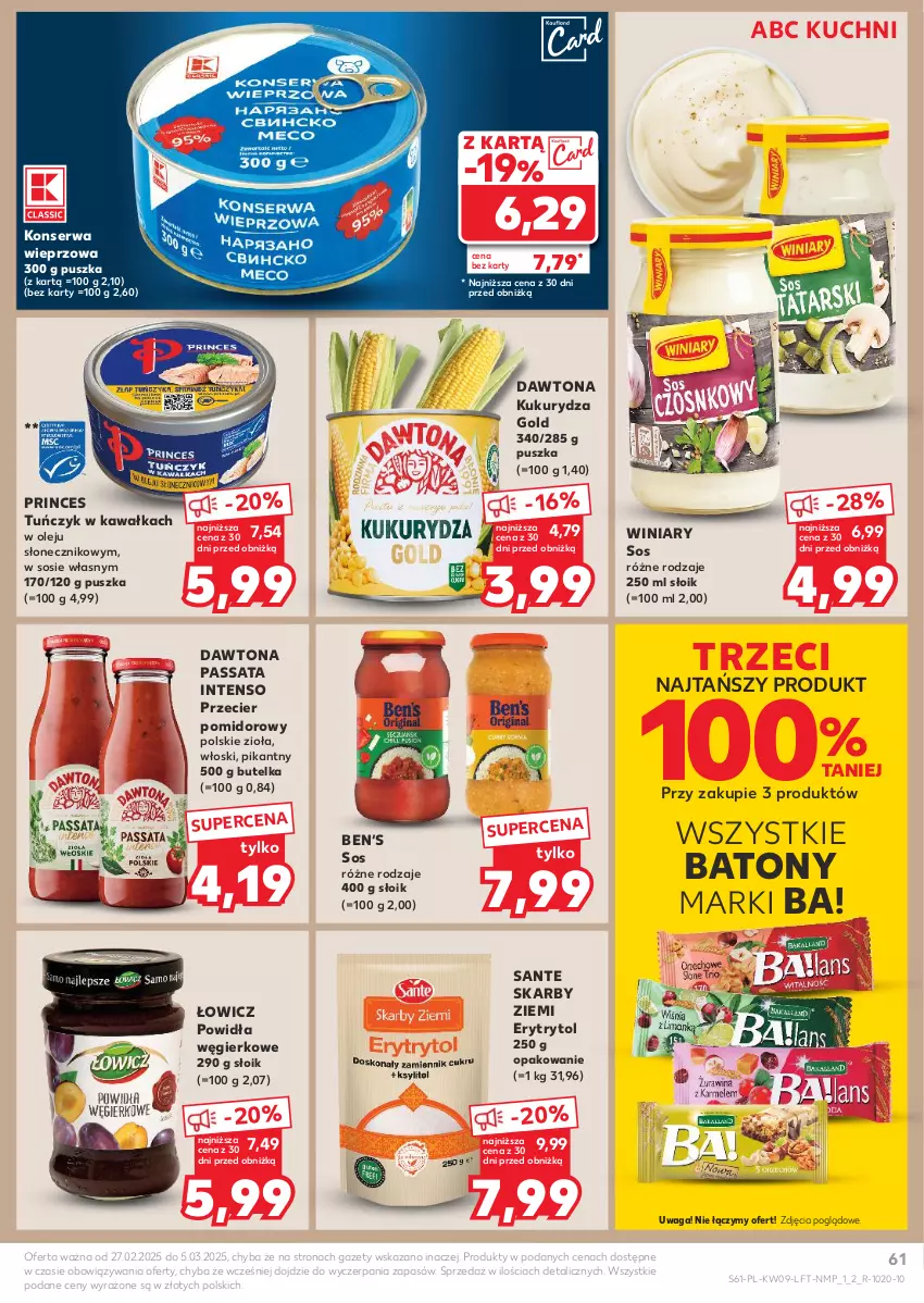 Gazetka promocyjna Kaufland - Gazetka tygodnia - ważna 27.02 do 05.03.2025 - strona 61 - produkty: Ba!, Baton, Dawtona, Kawa, Kukurydza, Olej, Sante, Ser, Sos, Tuńczyk, Waga, Winiary