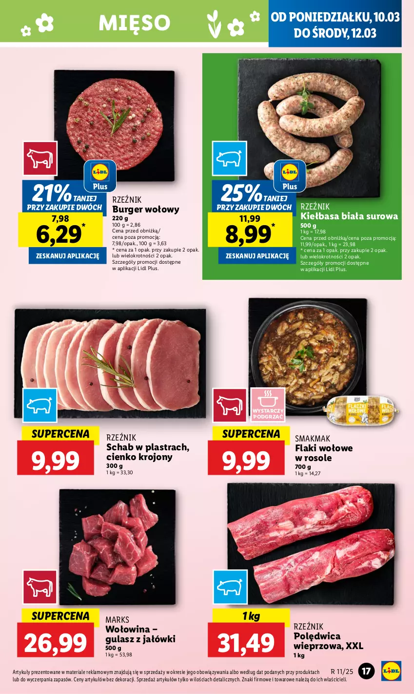 Gazetka promocyjna Lidl - GAZETKA - ważna 10.03 do 12.03.2025 - strona 19 - produkty: Burger, Flaki, Flaki wołowe, Kiełbasa, Kiełbasa biała, Mięso, Polędwica, Wołowina