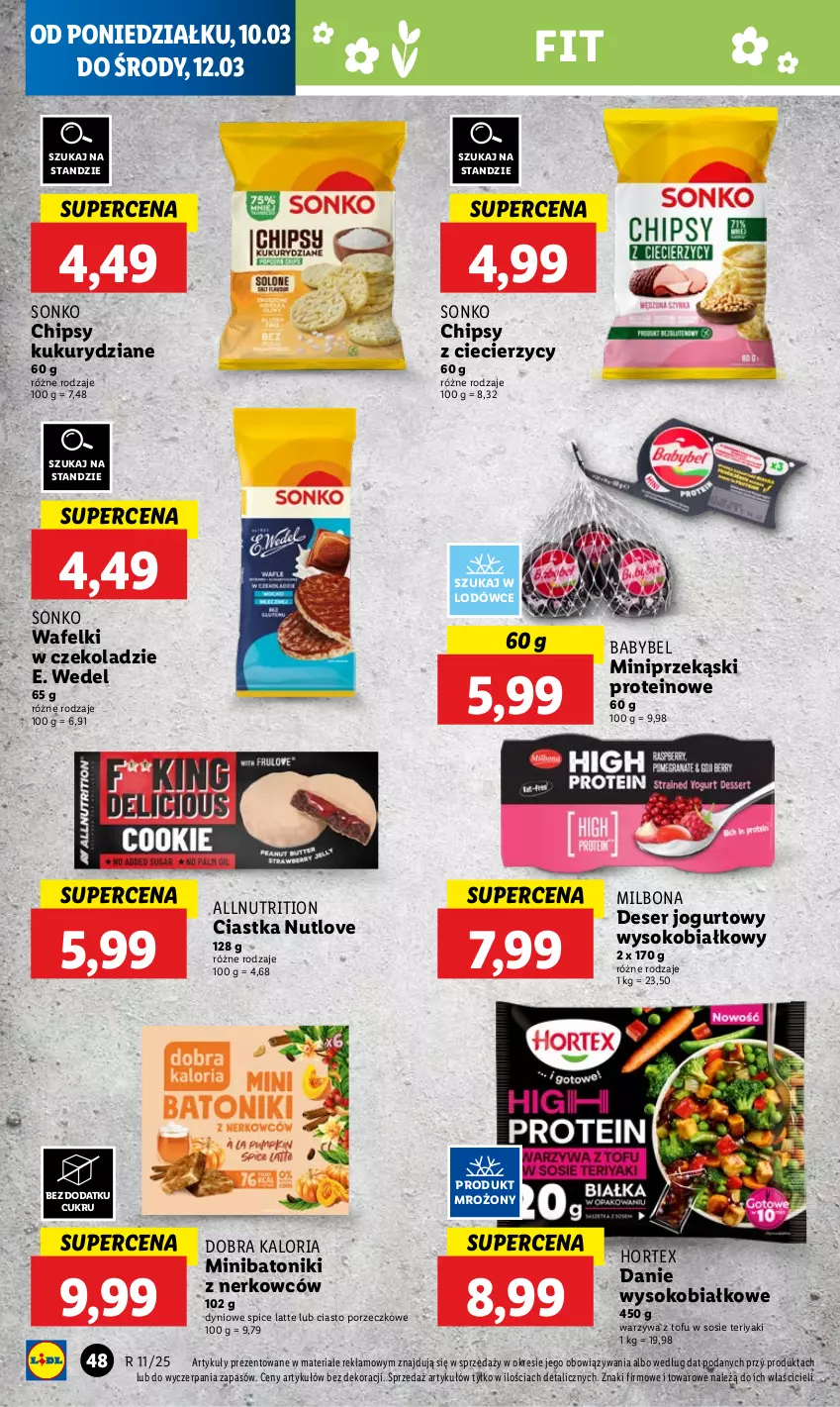 Gazetka promocyjna Lidl - GAZETKA - ważna 10.03 do 12.03.2025 - strona 52 - produkty: Baton, Chipsy, Ciastka, Deser, E. Wedel, Hortex, Jogurt, Por, Ser, Sok, Sonko, Sos, Tofu, Tonik, Warzywa