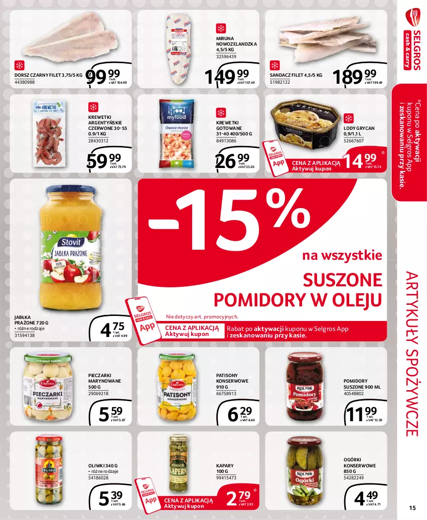 Gazetka promocyjna Selgros - Extra Oferta - ważna 01.03 do 31.03.2021 - strona 15 - produkty: Artykuły spożywcze, Dorsz, Gry, Jabłka, Jabłka prażone, Kapary, Krewetki, LG, Lody, Miruna, Ogórki konserwowe, Olej, Oliwki, Piec, Pomidory, Sandacz, Sandacz filet, Ser, Sony, Suszone pomidory