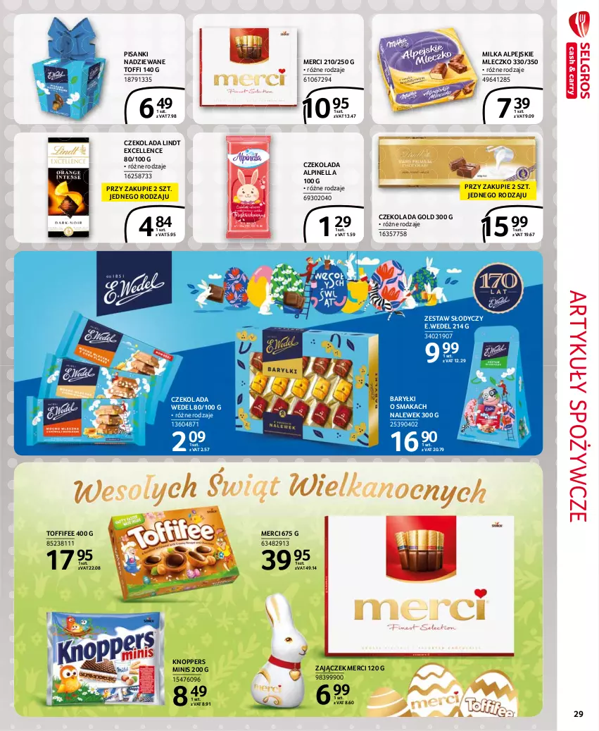 Gazetka promocyjna Selgros - Extra Oferta - ważna 01.03 do 31.03.2021 - strona 29 - produkty: Artykuły spożywcze, Baryłki, Czekolada, Knoppers, Lindt, Merci, Milka, Mleczko, Sanki, Toffifee