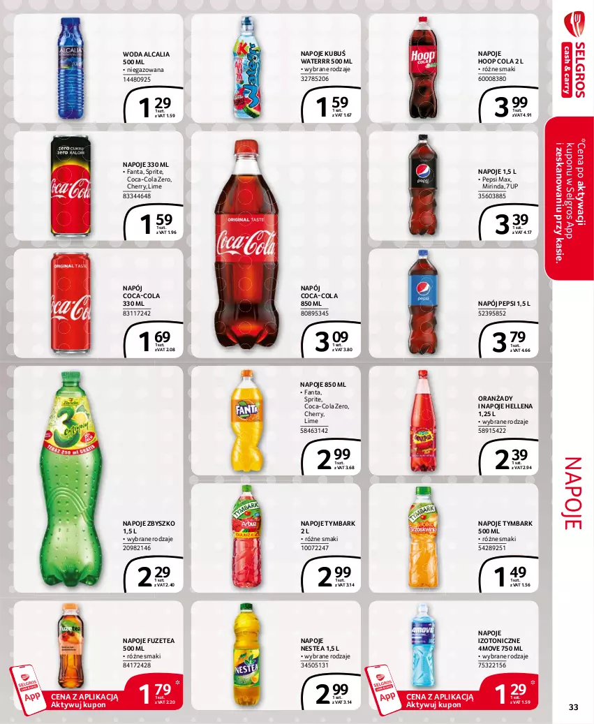 Gazetka promocyjna Selgros - Extra Oferta - ważna 01.03 do 31.03.2021 - strona 33 - produkty: 7up, Coca-Cola, Fa, Fanta, Hellena, Hoop, Kubuś, Kubuś Waterrr, LG, Mirinda, Napój, Napoje, Nestea, Pepsi, Pepsi max, Sprite, Tymbark, Woda