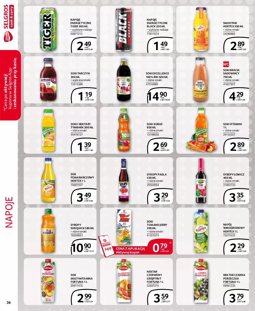 Gazetka promocyjna Selgros - Extra Oferta - ważna 01.03 do 31.03.2021 - strona 36 - produkty: Fortuna, Grejpfrut, Hortex, Kubuś, Lack, LG, Napój, Napoje, Nektar, Paola, Por, Smoothie, Sok, Sok pomarańczowy, Syrop, Syropy, Tiger, Tymbark, Wino