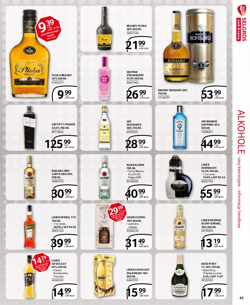 Gazetka promocyjna Selgros - Extra Oferta - ważna 01.03 do 31.03.2021 - strona 43 - produkty: Advocaat, Alkohole, Aperol, Bacardi, Brandy, Gin, Gra, Krupnik, Likier, Miód, Miód pitny, Pliska, Rum