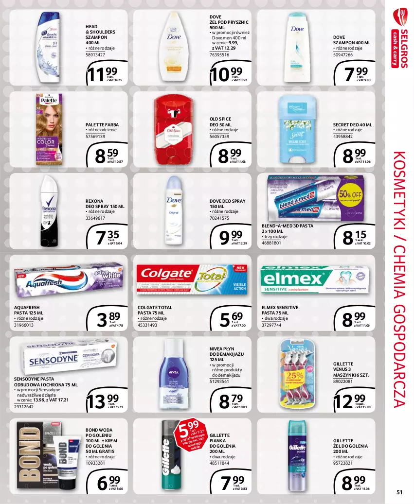 Gazetka promocyjna Selgros - Extra Oferta - ważna 01.03 do 31.03.2021 - strona 51 - produkty: Aquafresh, Blend-a-Med, Colgate, Colgate Total, Dove, Elmex, Fa, Gillette, Gillette Venus, Gra, Krem do golenia, LG, Makijaż, Nivea, Old Spice, Palette, Pianka do golenia, Rexona, Secret Deo, Sensodyne, Szampon, Venus, Woda, Woda po goleniu