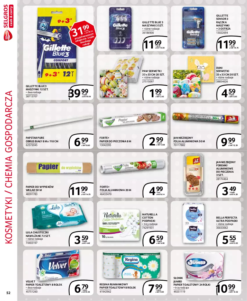 Gazetka promocyjna Selgros - Extra Oferta - ważna 01.03 do 31.03.2021 - strona 52 - produkty: Bell, Bella, Chusteczki, Folia aluminiowa, Foremki, Gillette, Gin, Jan Niezbędny, Naturell, Naturella, Obrus, Papier, Papier do pieczenia, Papier toaletowy, Perfecta, Piec, Podpaski, Pur, Rolki, Rum, Ser, Serwetki, Velvet