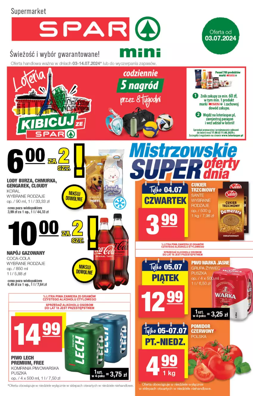 Gazetka promocyjna Spar - Spar-Mini - ważna 30.06 do 10.07.2024 - strona 1 - produkty: Coca-Cola, Cukier, Cukier trzcinowy, Lech Premium, Lody, Piwo