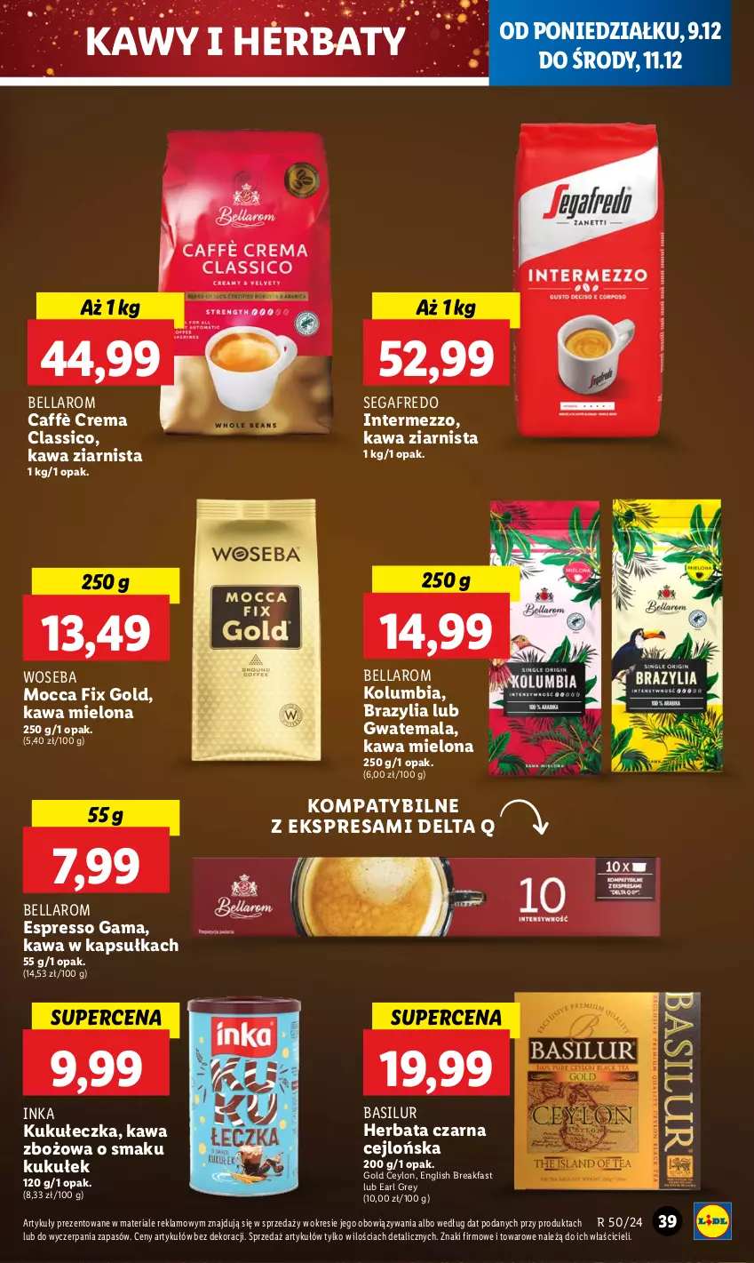 Gazetka promocyjna Lidl - GAZETKA - ważna 09.12 do 11.12.2024 - strona 43 - produkty: Bell, Bella, Earl Grey, Fa, Herbata, Herbata czarna, Inka, Kawa, Kawa mielona, Kawa zbożowa, Kawa ziarnista, Mocca Fix Gold, Segafredo, Woseba