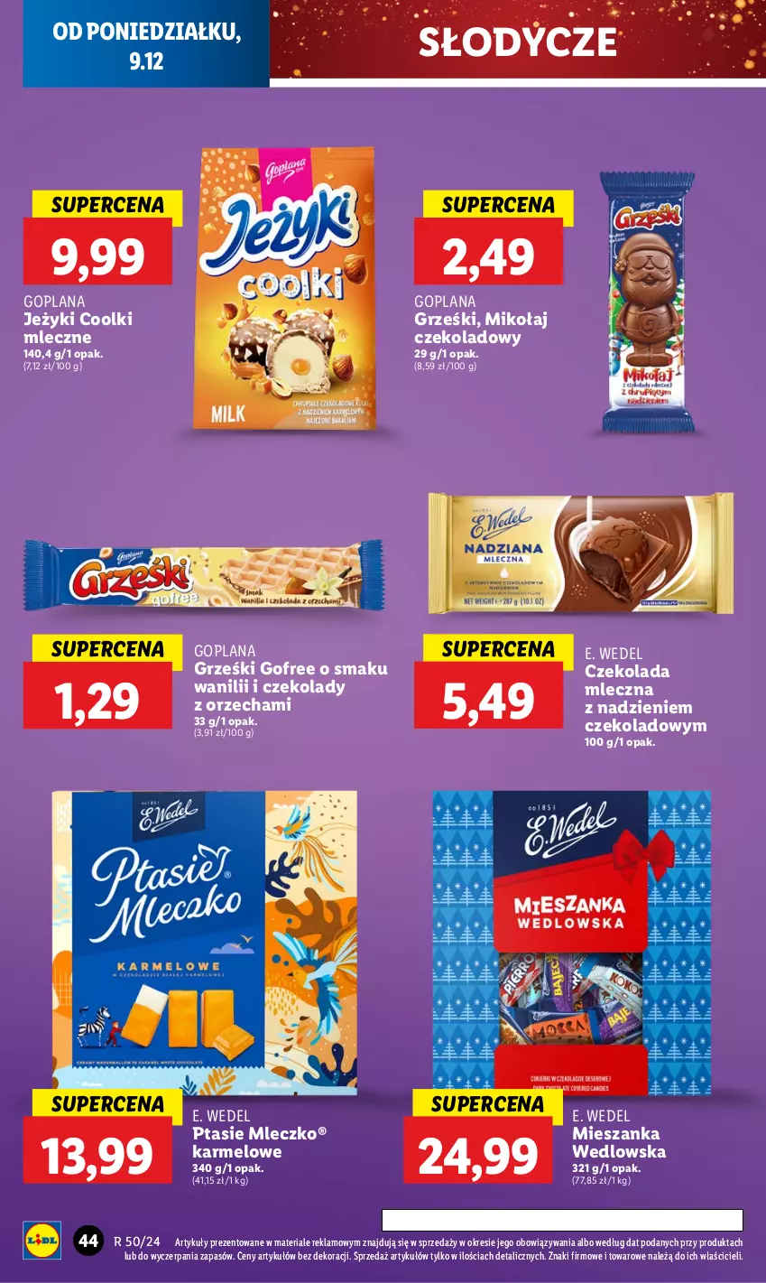 Gazetka promocyjna Lidl - GAZETKA - ważna 09.12 do 11.12.2024 - strona 48 - produkty: Czekolada, Czekolada mleczna, E. Wedel, Goplana, Grześki, Jeżyki, LANA, Mieszanka wedlowska, Mleczko, Ptasie mleczko