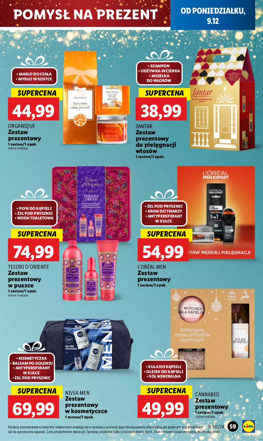 Gazetka promocyjna Lidl - GAZETKA - ważna 09.12 do 11.12.2024 - strona 65 - produkty: Antyperspirant, Balsam po goleniu, Kosmetyczka, Krem do twarzy, Kula do kąpieli, L’Oréal, Masło, Masło do ciała, Mydło, Nivea, Nivea Men, Odżywka, Olej, Płyn do kąpieli, Sól, Szampon, Woda, Woda toaletowa, Zestaw prezentowy