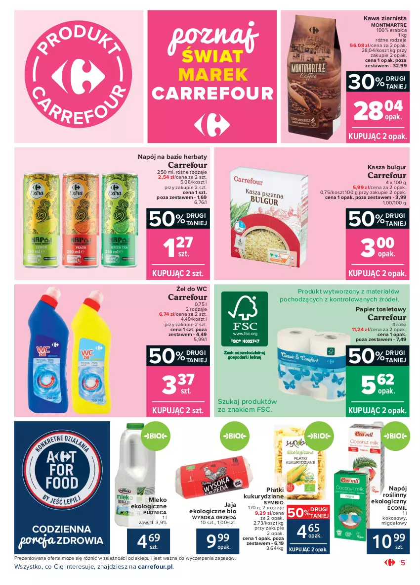 Gazetka promocyjna Carrefour - Gazetka Market - ważna 03.05 do 15.05.2021 - strona 5 - produkty: BIC, Bulgur, Jaja, Kasza, Kawa, Kawa ziarnista, Kokos, Kosz, LG, Mleko, Montmartre, Napój, Napój roślinny, Papier, Papier toaletowy, Piątnica, Por, Rolki, Sok