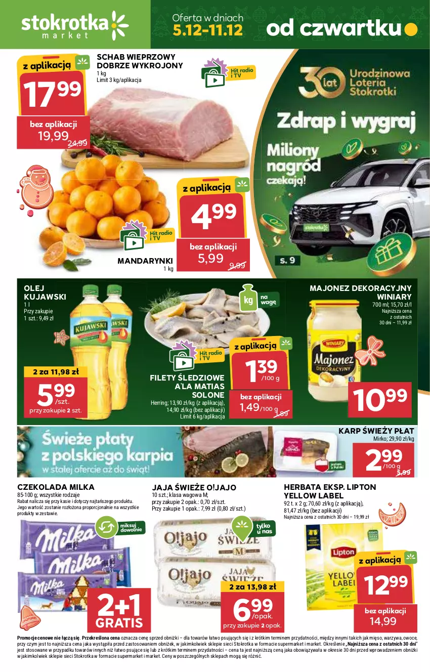 Gazetka promocyjna Stokrotka - Market Opole/Radom - ważna 05.12 do 11.12.2024 - strona 1 - produkty: Czekolada, Gra, Herbata, Jaja, Karp, Kujawski, Lipton, Majonez, Mandarynki, Mięso, Milka, Olej, Owoce, Por, Schab wieprzowy, Warzywa, Winiary