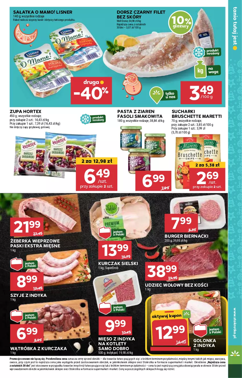 Gazetka promocyjna Stokrotka - Market Opole/Radom - ważna 05.12 do 11.12.2024 - strona 13 - produkty: Bruschette, Burger, Dorsz, Fa, Golonka z indyka, Hortex, Kotlet, Kurczak, Lazur, Lisner, Mięso, Mięso z indyka, Owoce, Sałat, Sałatka, Smakowita, Udziec wołowy, Warzywa, Zupa