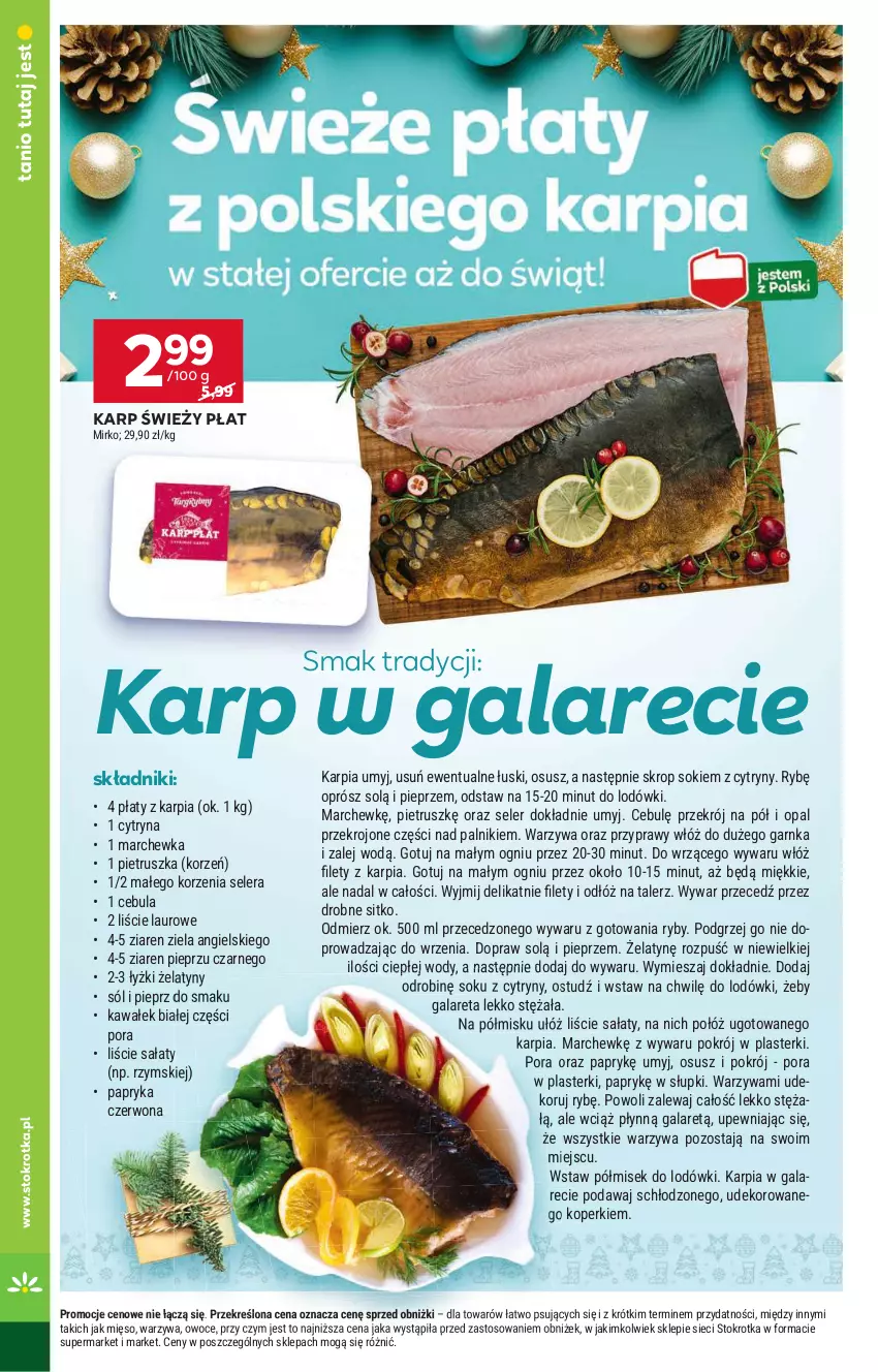 Gazetka promocyjna Stokrotka - Market Opole/Radom - ważna 05.12 do 11.12.2024 - strona 14 - produkty: Cebula, Cytryny, Gala, Karp, Kawa, Laur, Marchewka, Mięso, Owoce, Papryka, Papryka czerwona, Pieprz, Pietruszka, Plasterki, Por, Przyprawy, Sałat, Sitko, Sok, Sól, Talerz, Wałek, Warzywa