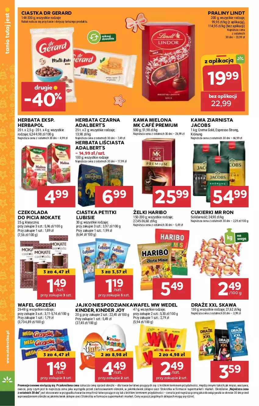 Gazetka promocyjna Stokrotka - Market Opole/Radom - ważna 05.12 do 11.12.2024 - strona 22 - produkty: Ciastka, Cukier, Cukierki, Czekolada, Dr Gerard, Grześki, Haribo, Herbapol, Herbata, Herbata czarna, Jacobs, Kawa, Kawa mielona, Kawa ziarnista, Kinder, Lindt, Lubisie, Mięso, Owoce, Praliny, Warzywa