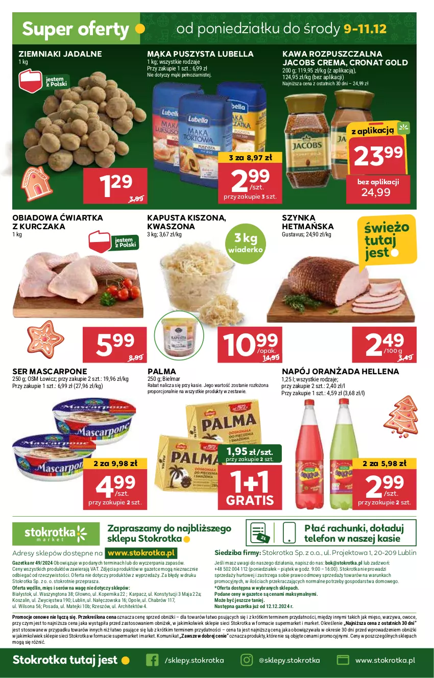 Gazetka promocyjna Stokrotka - Market Opole/Radom - ważna 05.12 do 11.12.2024 - strona 30 - produkty: Bell, Bella, Dres, Gra, Hellena, Jacobs, JBL, Kawa, Kawa rozpuszczalna, Kurczak, Lubella, Mąka, Mascarpone, Mięso, Napój, O nas, Oranżada, Owoce, Palma, Por, Ser, Szal, Szynka, Telefon, Wagi, Warzywa, Ziemniaki