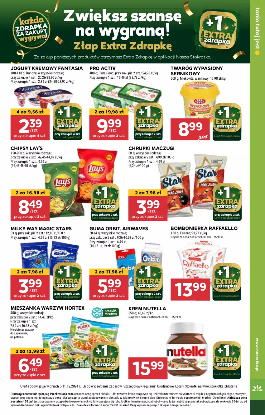 Gazetka promocyjna Stokrotka - Market Opole/Radom - ważna 05.12 do 11.12.2024 - strona 9 - produkty: Chipsy, Chrupki, Fa, Fanta, Gra, Hortex, Jogurt, Lay’s, Mięso, Mieszanka warzyw, Milky Way, Mleko, Nutella, Orbit, Owoce, Raffaello, Ser, Twaróg, Warzywa