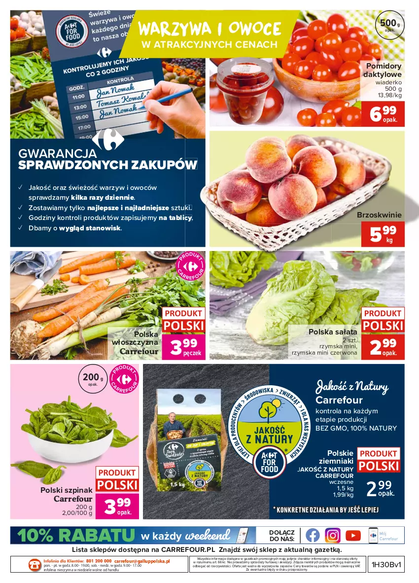 Gazetka promocyjna Carrefour - Gazetka Targi świeżości - ważna 26.07 do 02.08.2021 - strona 4 - produkty: Brzoskwinie, O nas, Owoce, Pomidory, Sałat, Szpinak, Warzywa, Warzywa i owoce, Ziemniaki